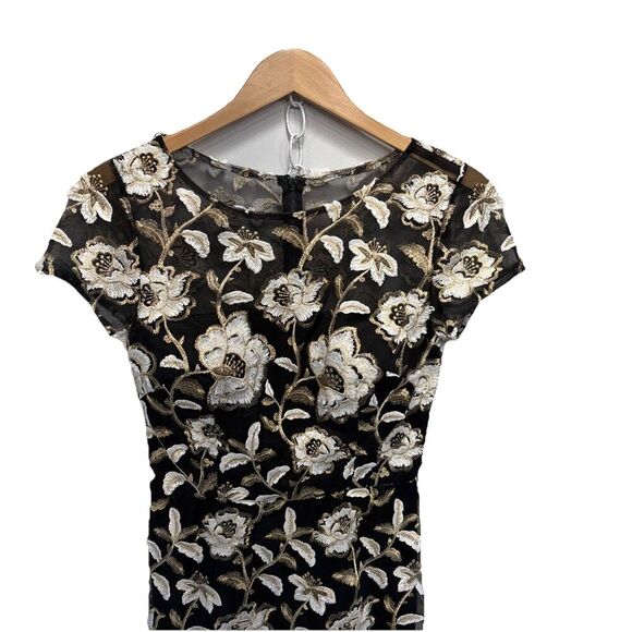 David Meister Floral Embroidered Midi Dress 6 Black White Gold Cocktail Formal - Picture 5 of 13